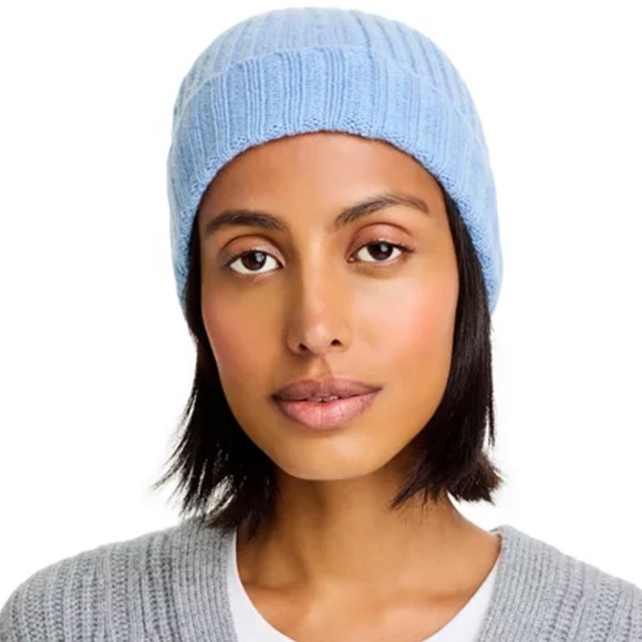 C by Bloomingdale's Blue Cashmere Rib Knit Beanie Hat, NWT - Picture 1 of 10